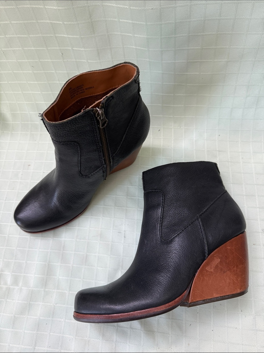 Kork-Ease Black Pebbled Leather Wedge Ankle Boots with Brown Wood-Tone Heel